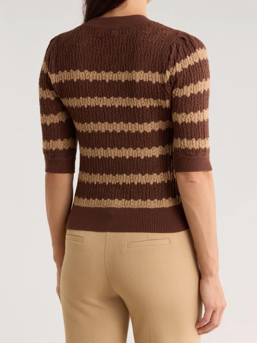 Striped Brown Short-Sleeve Pointelle Cardigan Sweater - Picture 2 of 2